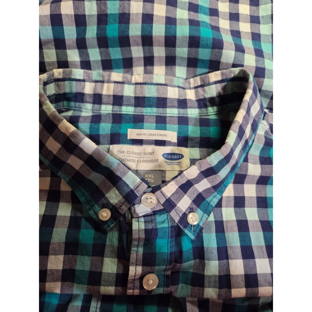 Old Navy Men's XXL Blue Teal White Plaid Short Sleeve Button Down Shirt Slim Fit - Picture 4 of 7
